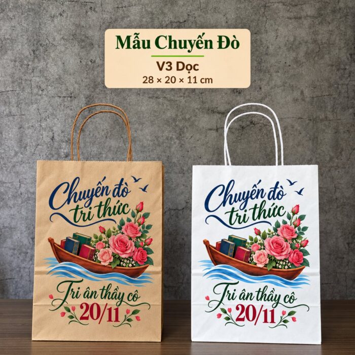 Túi giấy in sẵn 20/11 mẫu Chuyến Đò, phom V3, bản kraft nâu và trắng
