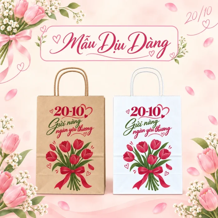 Túi giấy kraft in sẵn 20-10 mẫu Dịu Dàng, in bó tulip đỏ, bản nâu và bản trắng