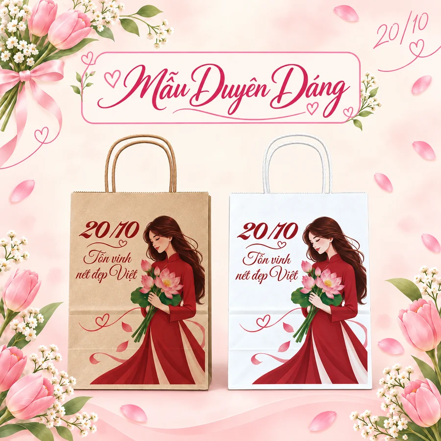 Túi giấy kraft in sẵn 20/10 2 Túi giấy kraft in sẵn 20-10 mẫu Duyên Dáng, in cô gái áo dài ôm hoa sen, bản nâu và bản trắng