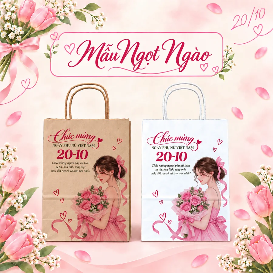 Túi giấy kraft in sẵn 20/10 3 Túi giấy kraft in sẵn 20-10 mẫu Ngọt Ngào, in cô gái váy hồng ôm bó hồng, bản nâu và bản trắng