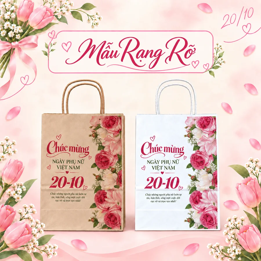Túi giấy kraft in sẵn 20/10 4 Túi giấy kraft in sẵn 20-10 mẫu Rạng Rỡ, in dải hoa hồng chạy dọc thân túi, bản nâu và bản trắng